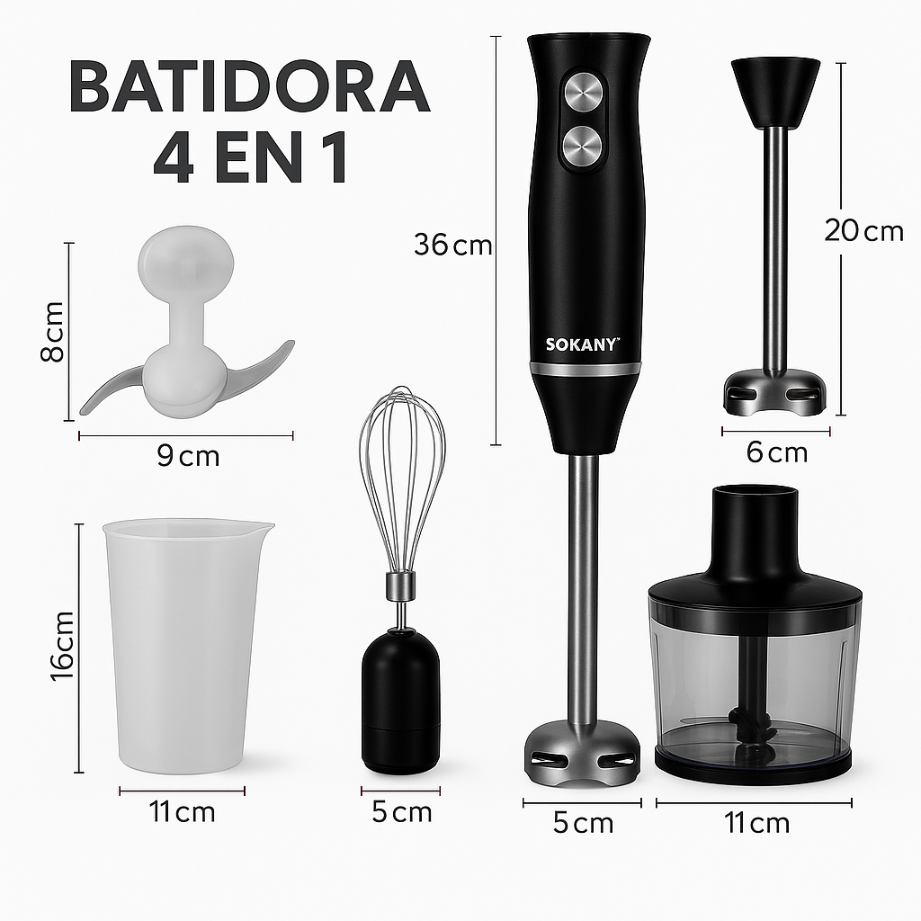🖤 Batidora Sokani 4 en 1 de Acero Inoxidable